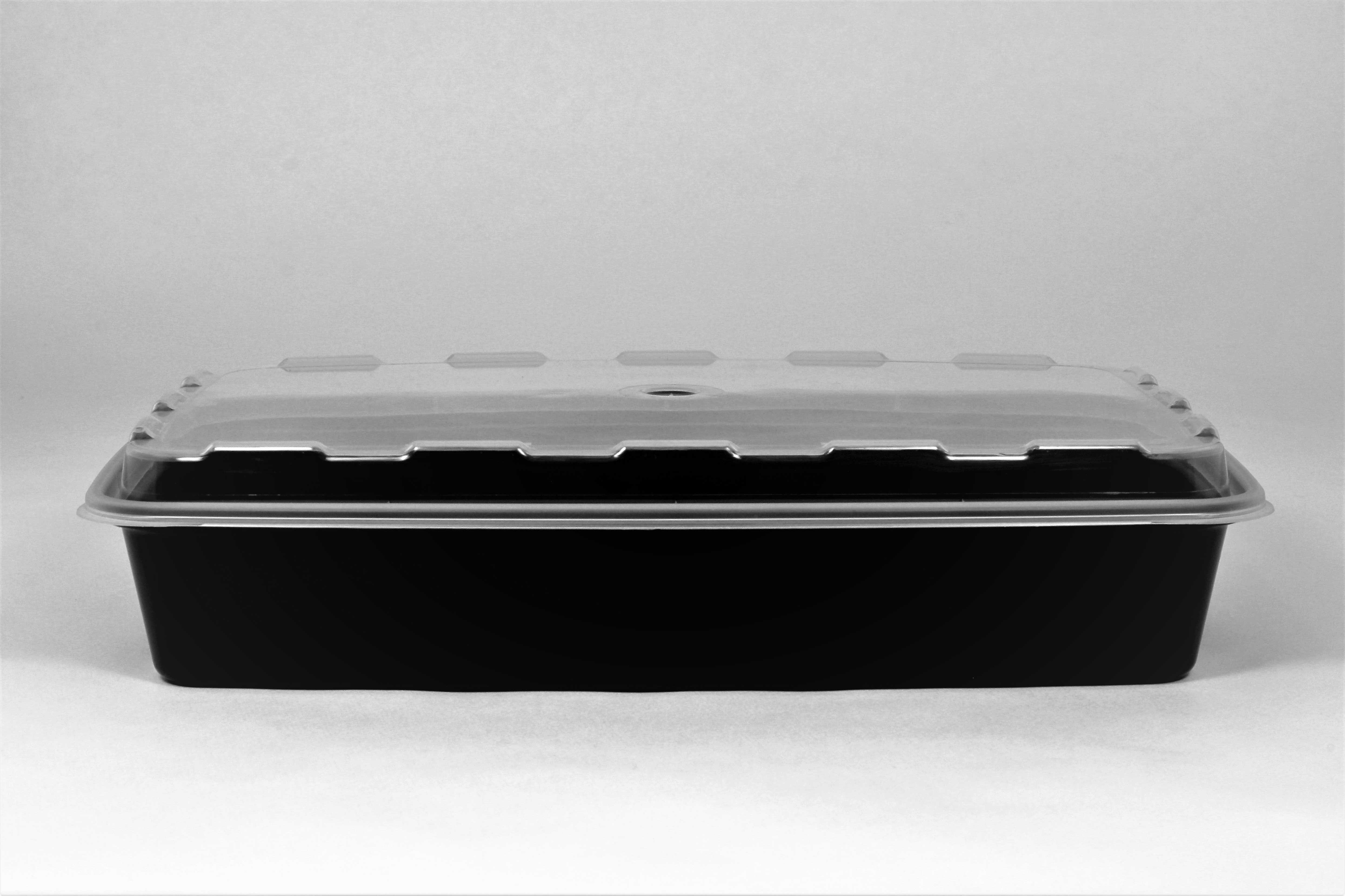 Cubeware Rectangular Black Reusable Plastic Microwavable Food Container with Clear Lid Set, 48 Ounce -- 100 set per case.