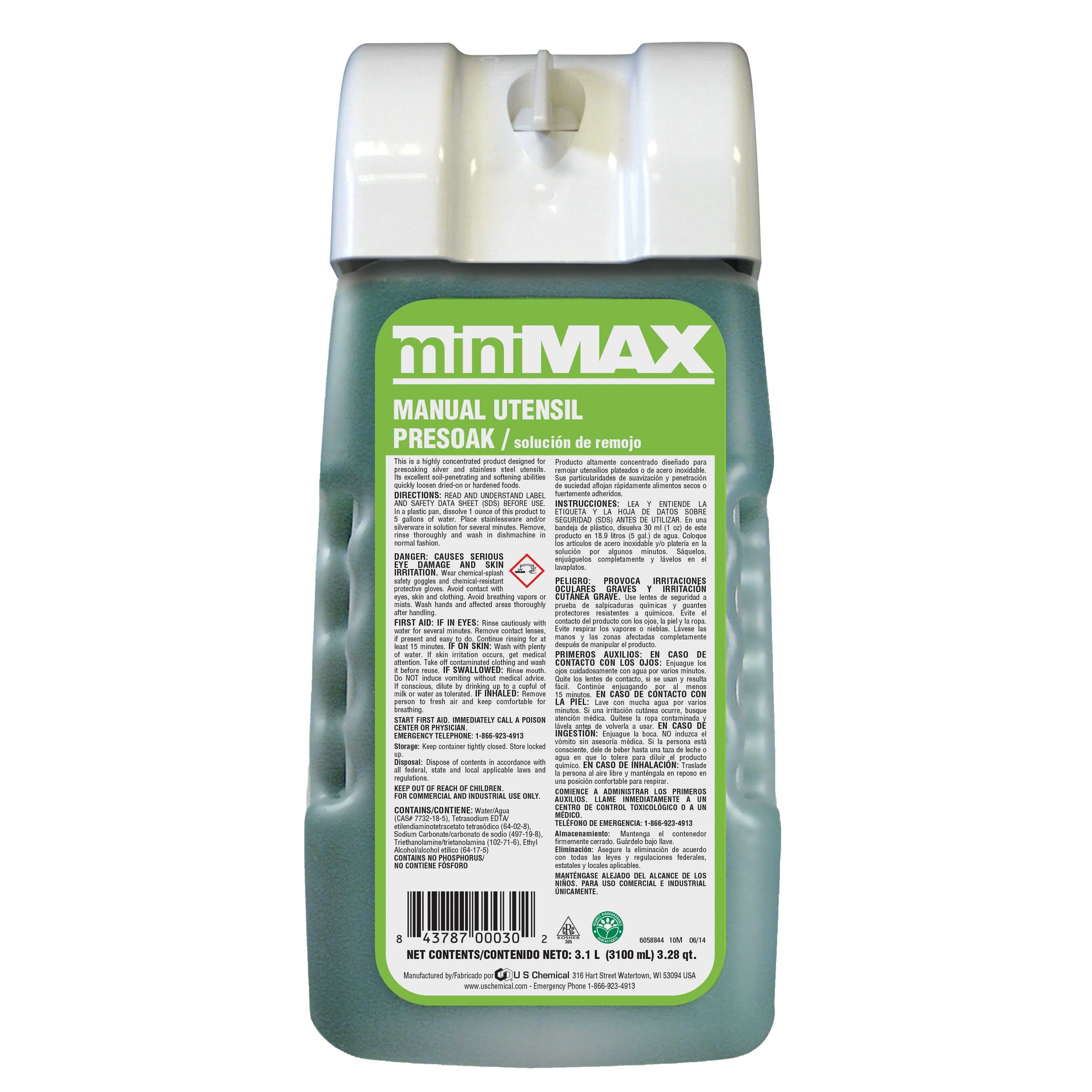 US Chemical MiniMax Manual Utensil Presoak Pot and Pan Detergent, 3100 Milliliter -- 2 per case.