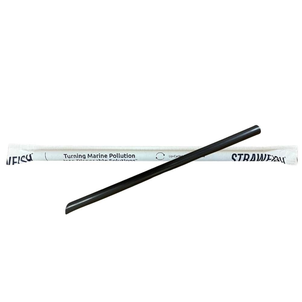 StrawFish Black Boba Wrapped Biodegradable Angle Cut Straw, 9.5 inch 12mm -- 2000 per case