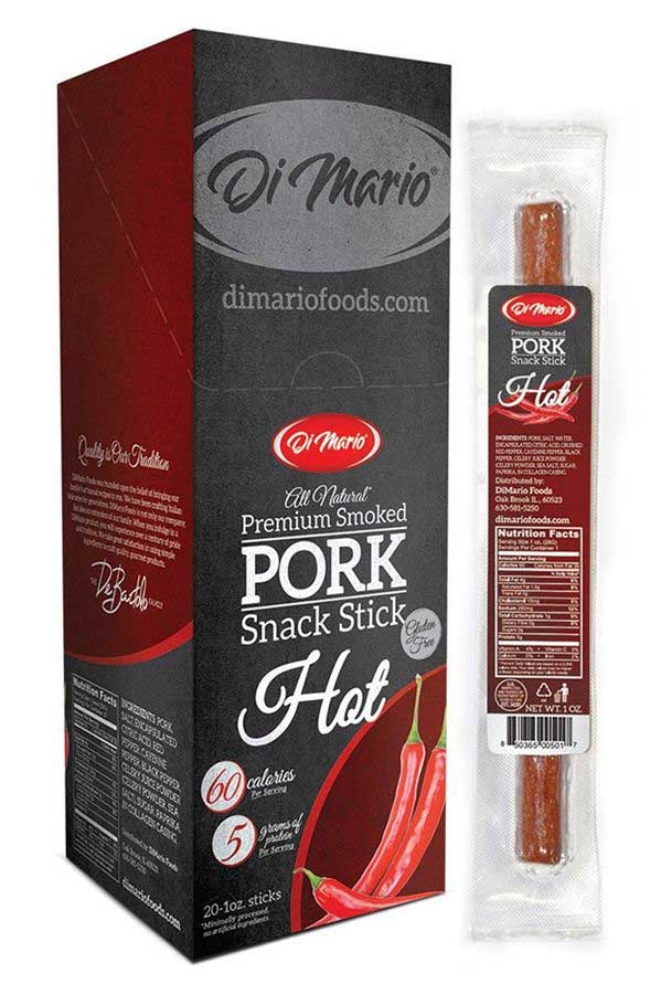DiMario Foods Hot Premium Smoked Pork Snack Sticks, 1 ounce -- 80 per case