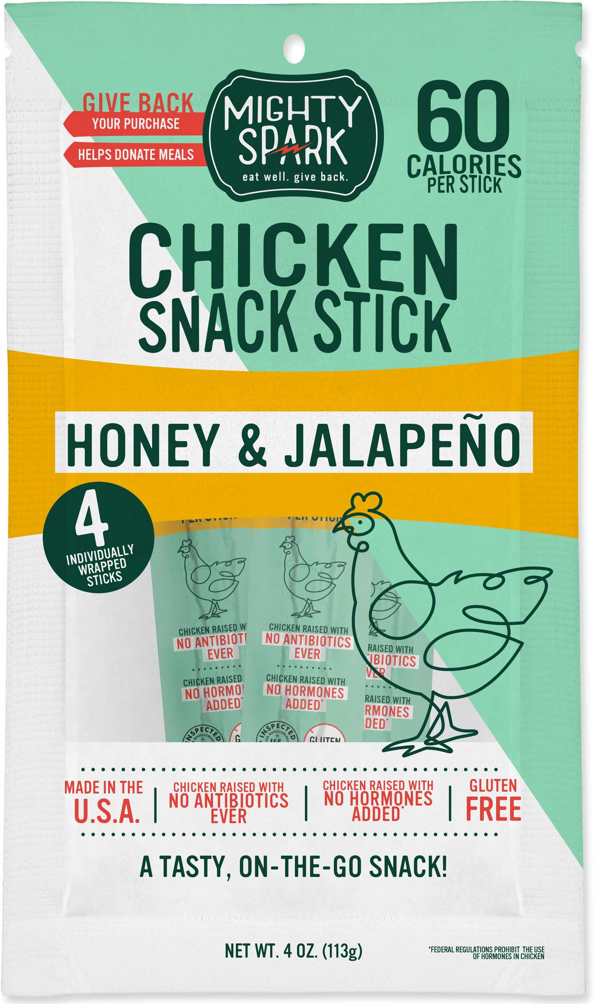 Mighty Spark Food Co Honey Jalapeno Chicken Snack Stick, 4 Ounce -- 8 per case