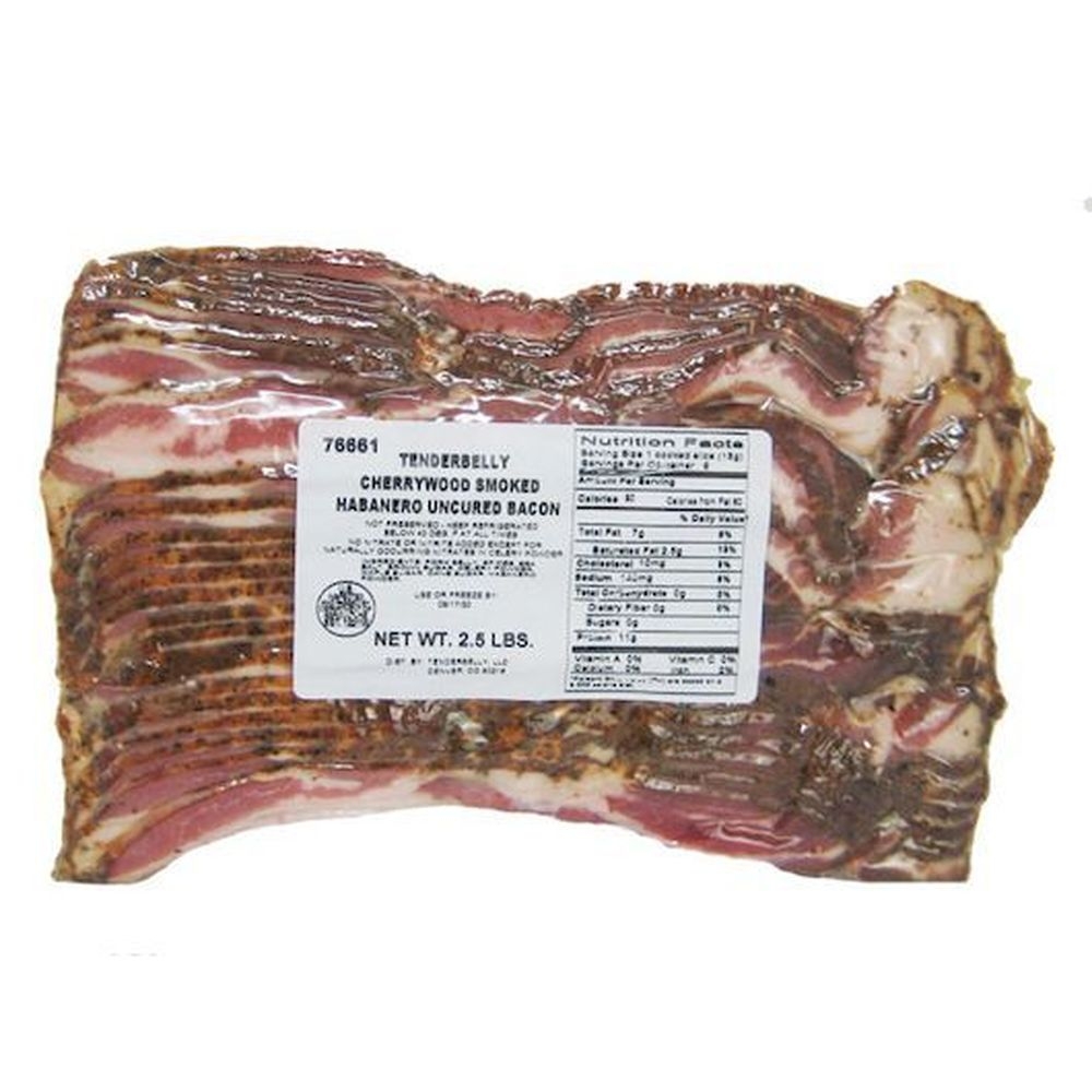 Tender Belly 3/16 inch Habanero Dry Rub Uncured Cherrywood Smoked Bacon, 2 count