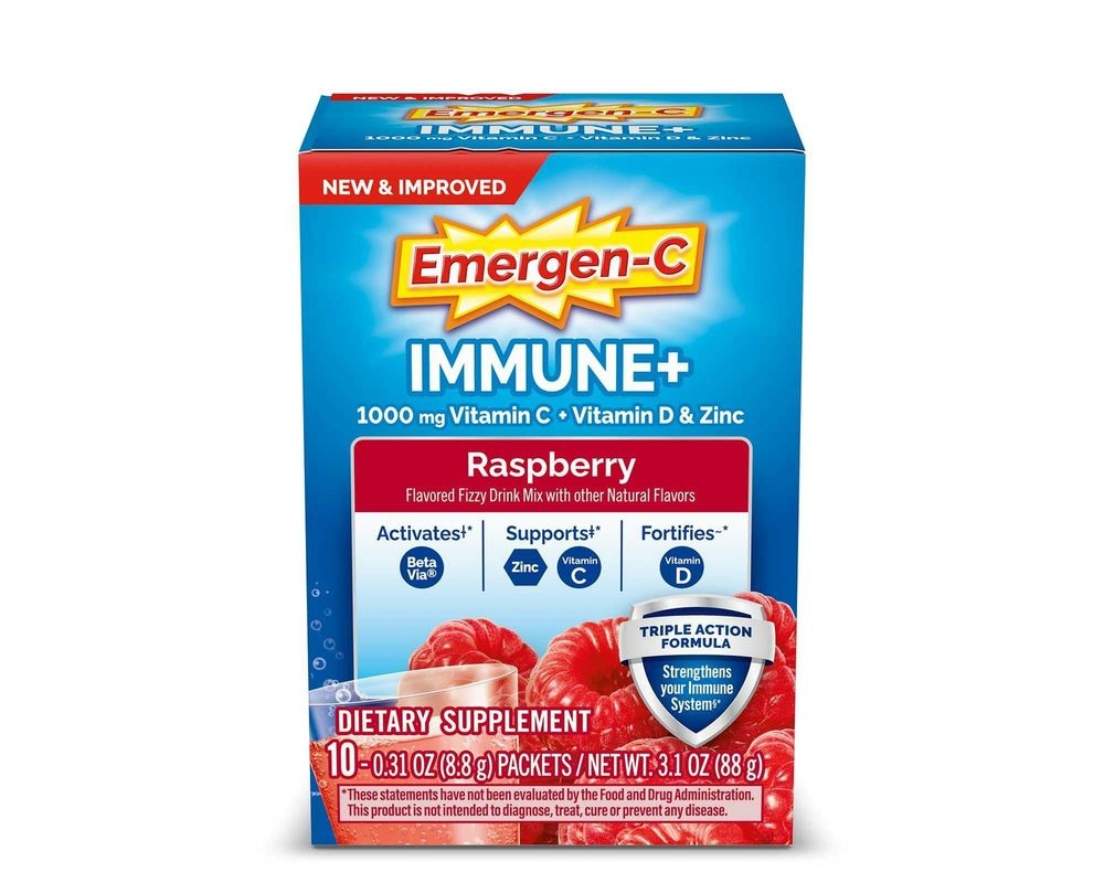 Emergen-C Immune Plus Raspberry with Triple Action Fizzy Drink Mix, 10 count -- 36 per case