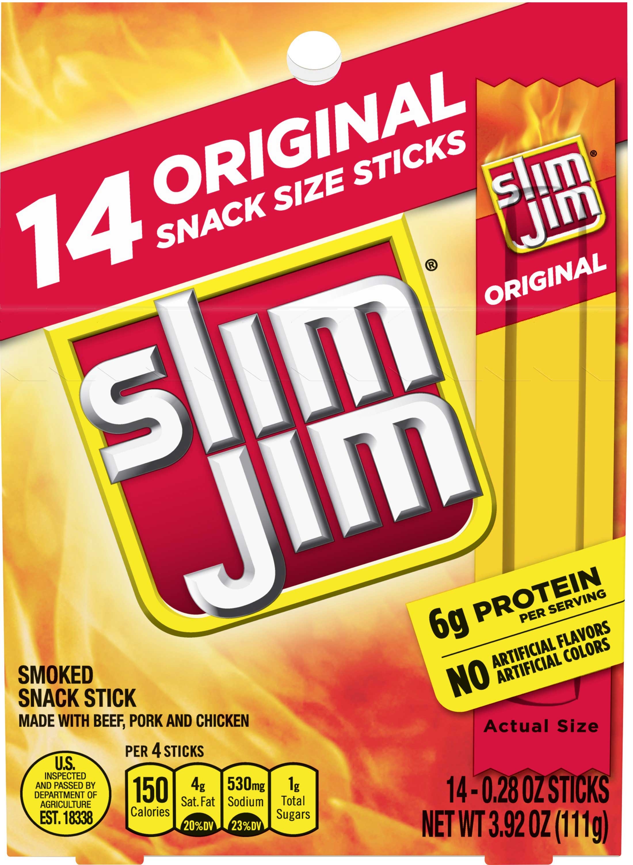 Slim Jim Gable Top Original Snack Size Sticks, 3.92 Ounce -- 98 Per Case