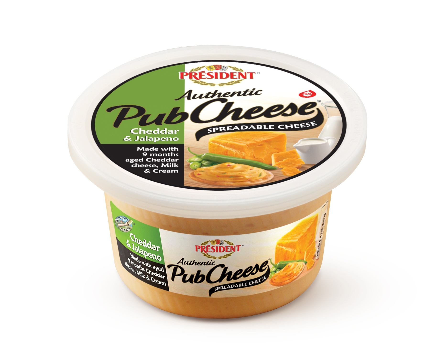 President Authentic Pupcheese Cheddar and Jalapeno Spreadable Cheese, 8 Ounce -- 6 per case.