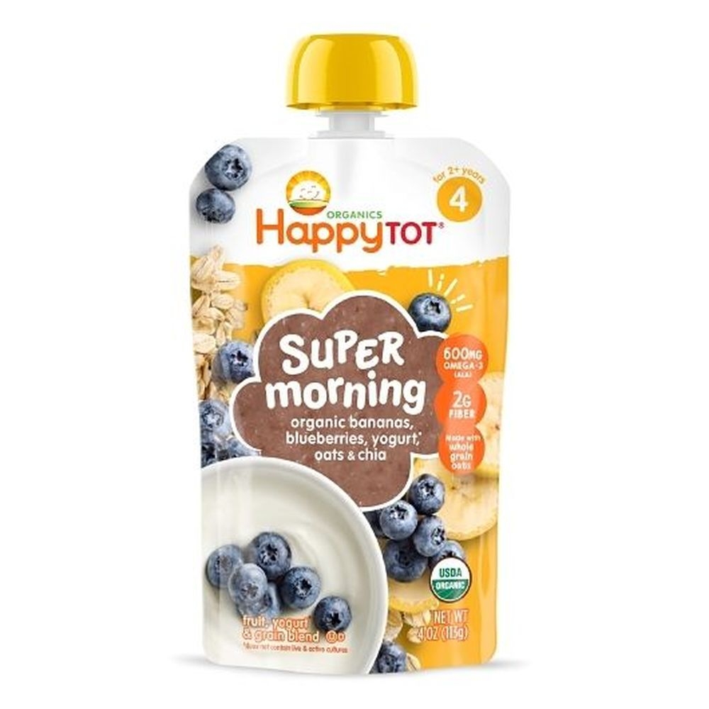 Happy Tot Organic Super Morning Bananas Blueberries Yogurt and Oats Plus Super Chia for Stage 4 Toddlers, 4 Ounce - 16 per case