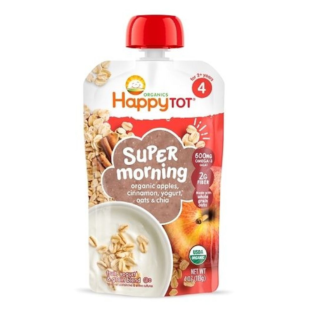 Happy Tot Organic Super Morning Apple Cinnamon Yogurt and Oats for Stage 4 Toddlers, 4 Ounce - 16 per case