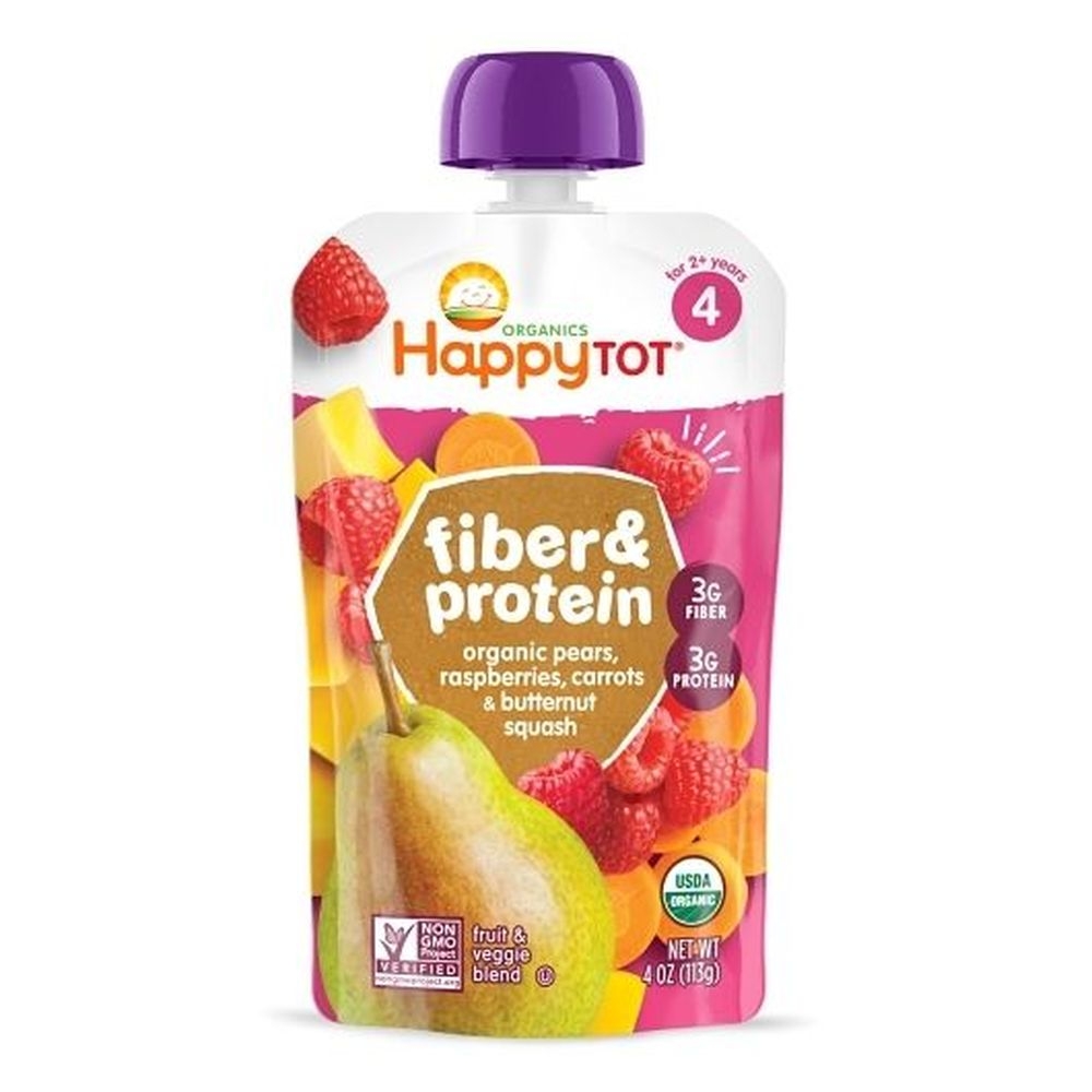 Happy Tot Organic Fiber and Protein Fruit Veggies Puree for Toddlers, 4 Ounce Pouch - 16 per case