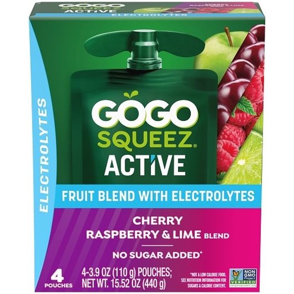 Gogo Squeez Active Lyte Up Cherry Raspberry Lime Fruit Blend with Electrolytes, 4 count -- 9 per case