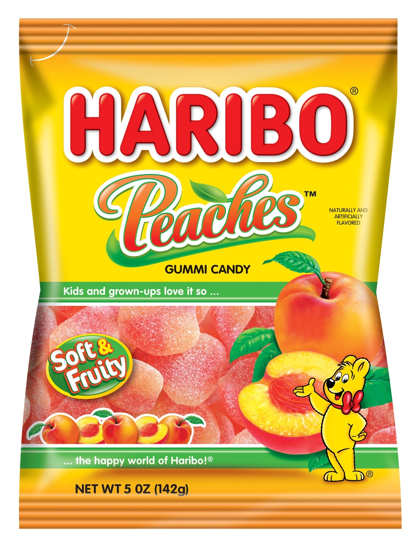 Haribo Peaches Gummy Candy, 5 Ounce -- 12 per case.
