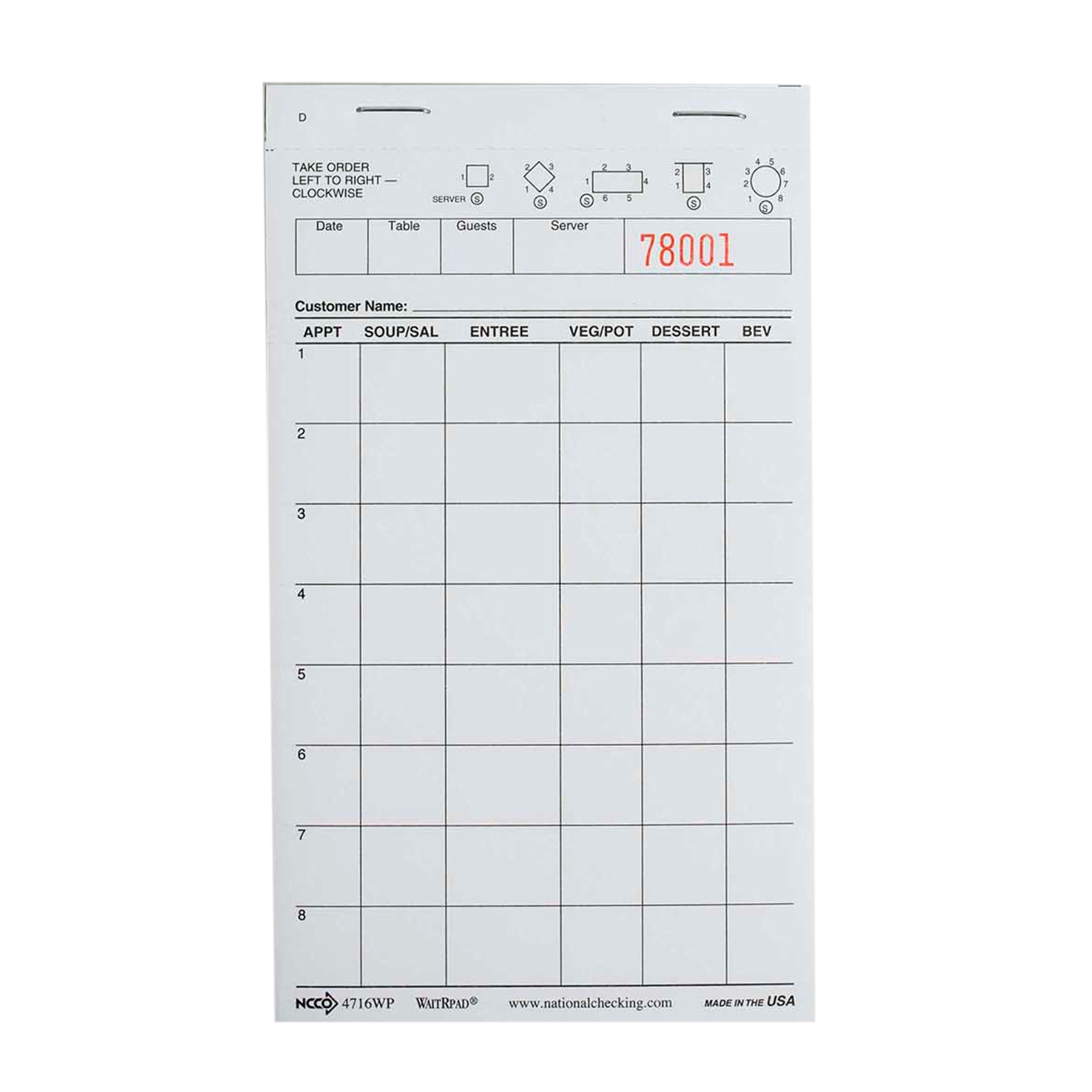 National Checking Company Waitrpad Paper - 1 Part White, 8 Line, 4.20 x 7.25 inch -- 5000 per case.