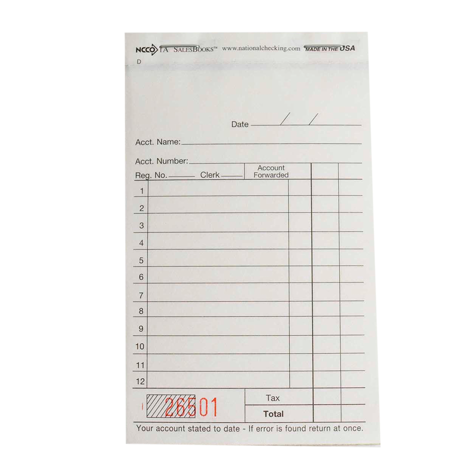 National Checking Company Carbonless Sales Book - 2 Part White, 12 Line, 3.50 x 5.63 inch -- 100 per case.