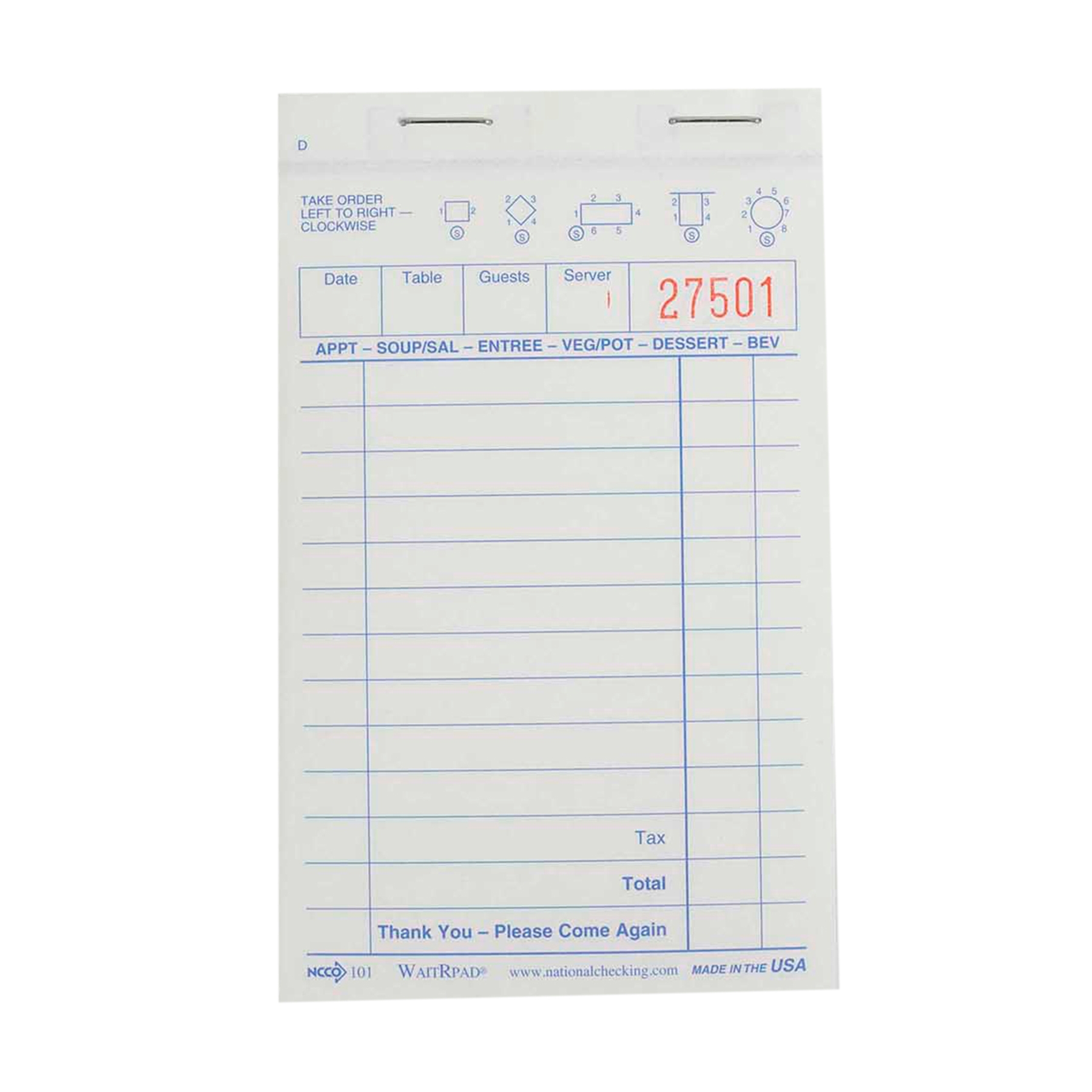 National Checking Company Carbonless Waitrpad Paper - 2 Part White, 13 Line, 3.4 x 5.63 inch -- 5000 per case.