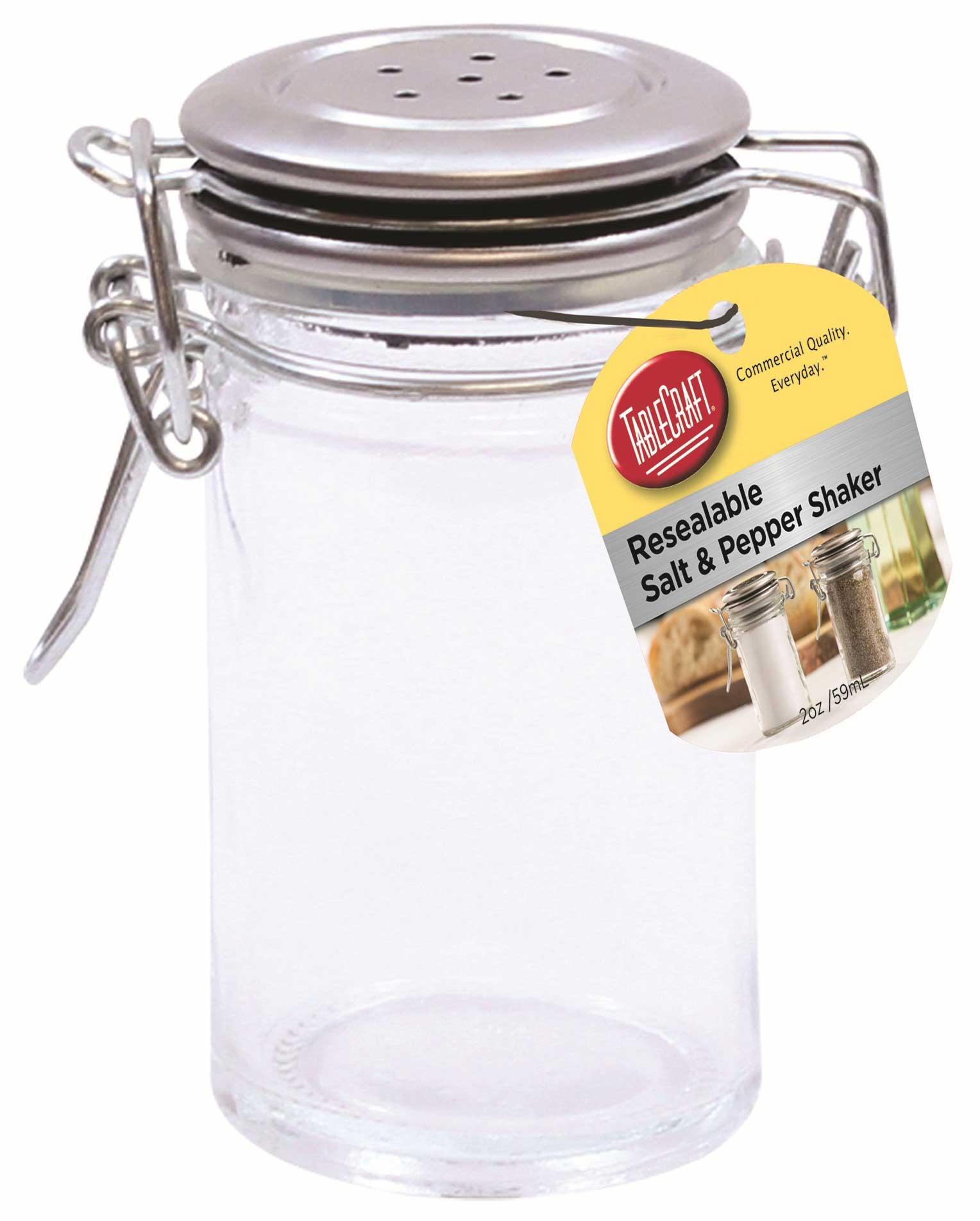 Tablecraft Resealable Salt and Pepper Shaker with Stainless Steel Clip Top, 2 Ounce -- 6 per case