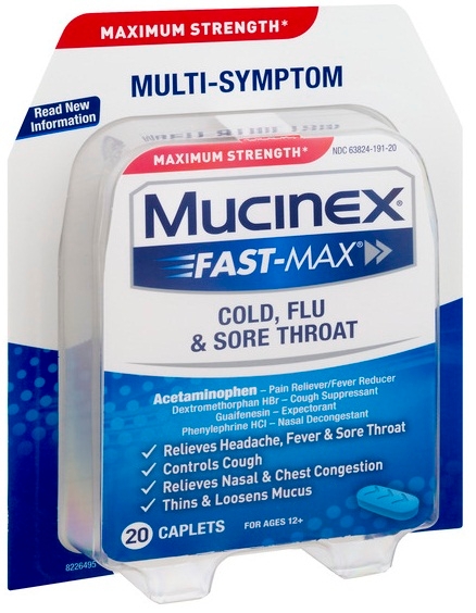 Mucinex Fast Max Maximum Strength Multi Symptom Cold Flu and Sore Throat Caplets, 20 per unit -- 6 per case