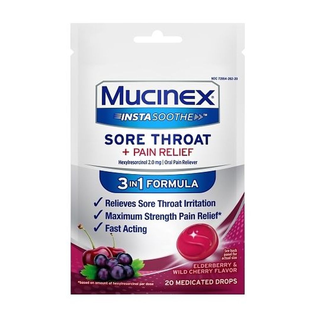 Mucinex Instasoothe Elderberry and Wild Cherry Sorethroat Pain Relief Drops, 20 count -- 36 per case