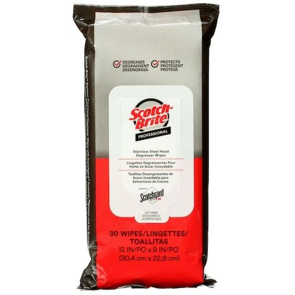 Scotch Brite Stainless Steel Hood Degreaser Wipes with Scotchgard Protector - 30 per pack -- 6 packs per case