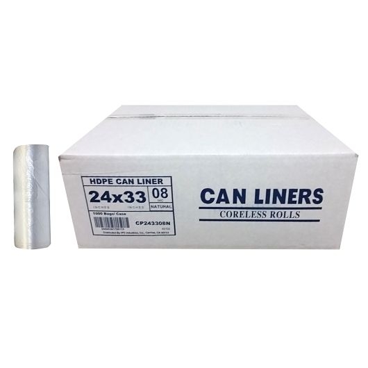Spectrum Plastics Natural High Density Polyethylene Can Liner, 24 x 33 inch - 50 bags per roll -- 20 rolls per case.