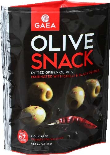 Gaea Pitted Green Olives Marinated with Chili and Black Pepper Snack Pack, 2.3 Ounce -- 8 per case