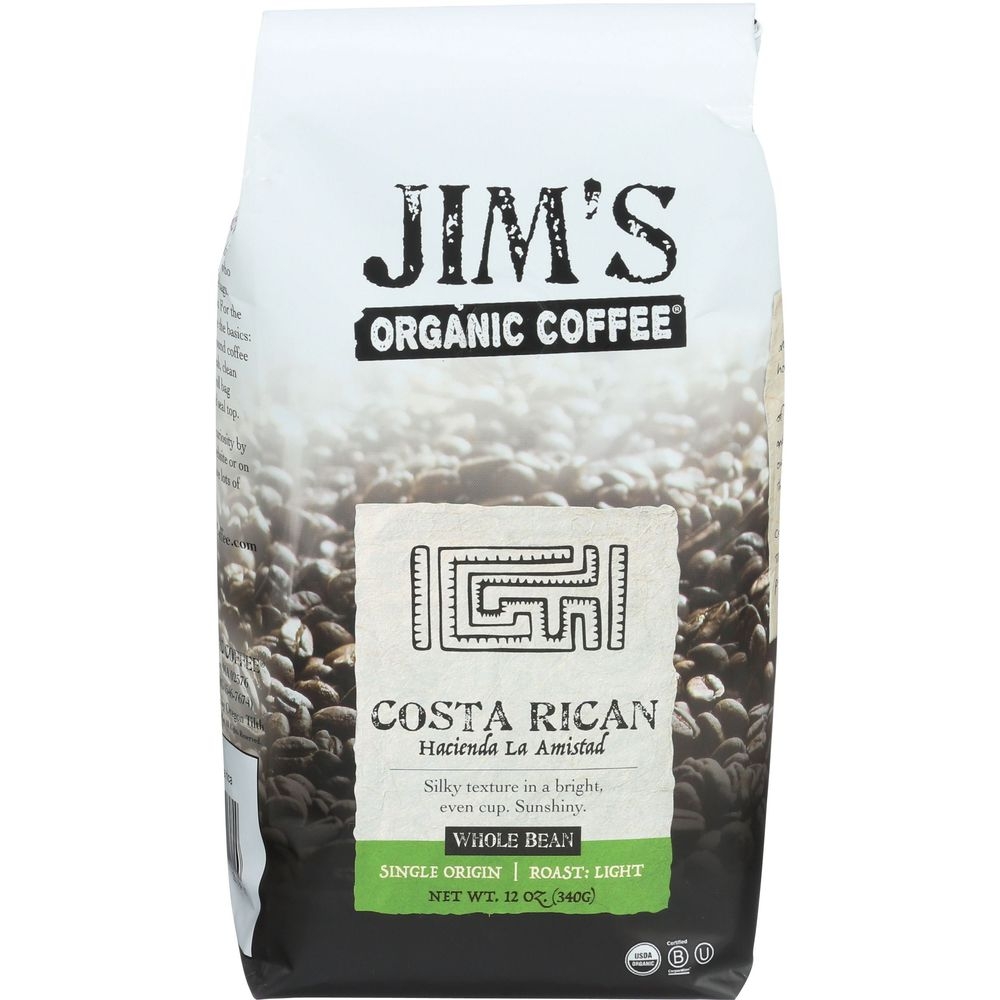 Jims Organic Coffee Costa Rican Light Roast Whole Bean Coffee, 12 Ounce -- 6 per case