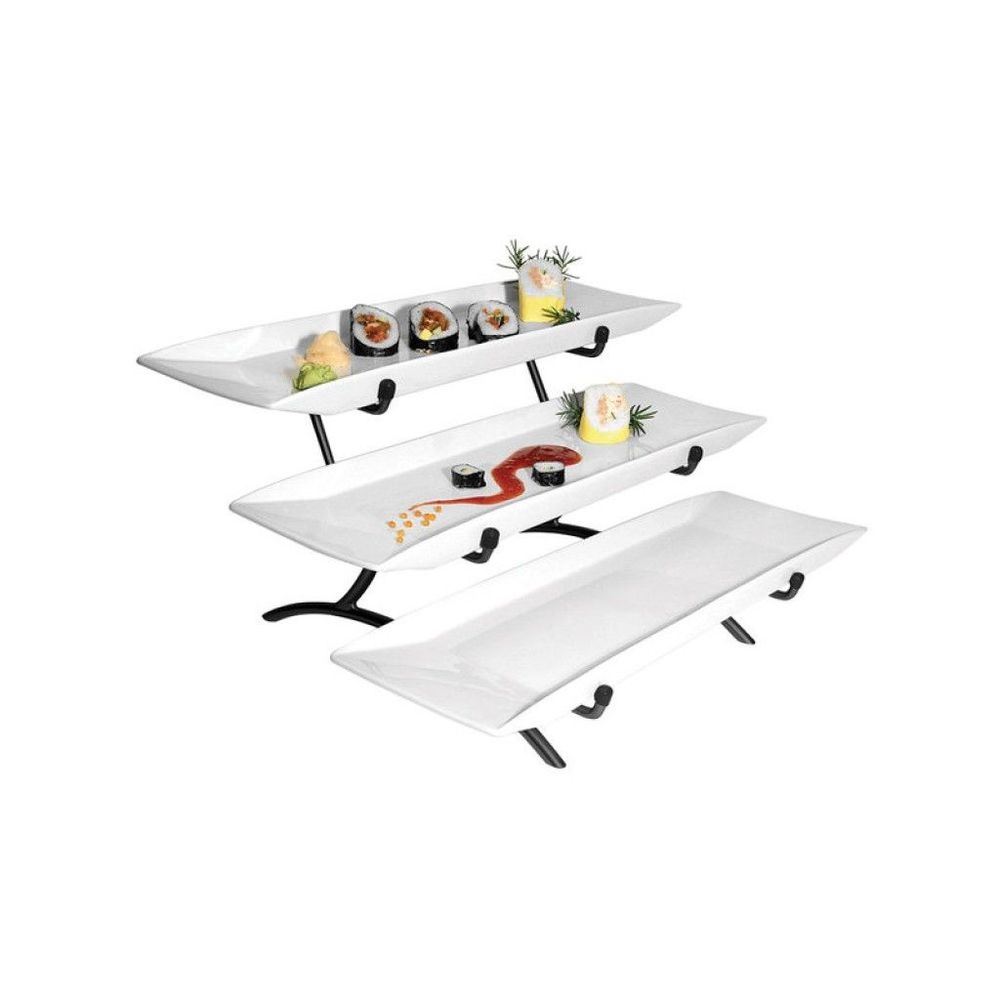 Cal-Mil Prestige Black Wide Frame Three Tier Wire Stand with Porcelain Platters, 23 x 18 x 12 inch