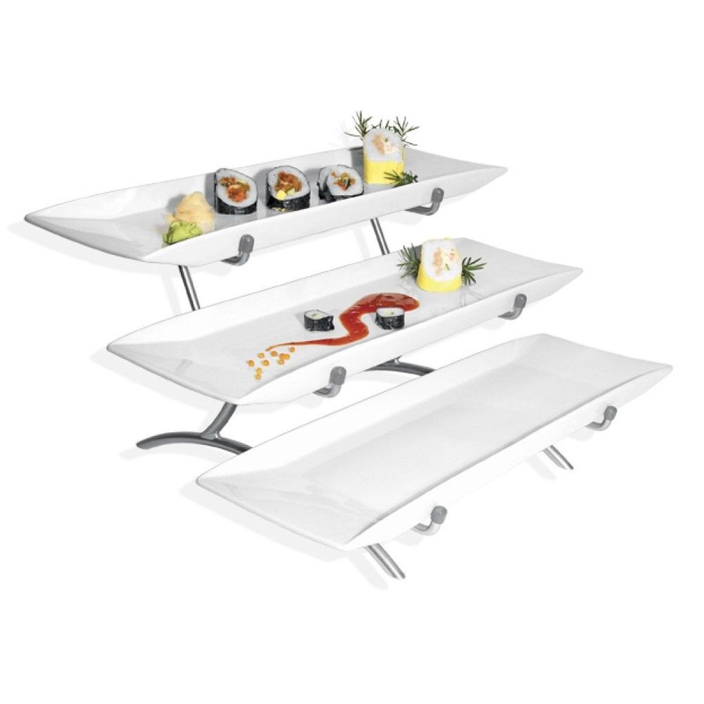 Cal-Mil Prestige Platinum Wide Frame Three Tier Wire Stand with Porcelain Platters, 23 x 18 x 12 inch