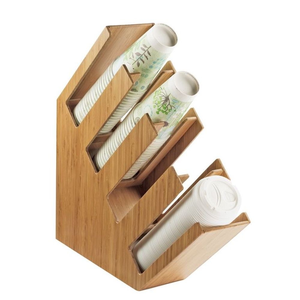 Cal-Mil Bamboo 4-Section Slanted Countertop Cup and Lid Organizer, 4.5 x 20 x 19.5 inch