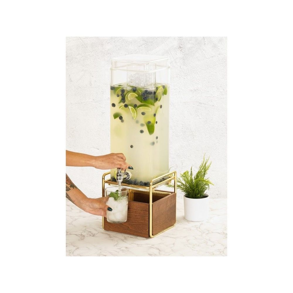 Cal-Mil Mid-Century 3 Gallon Square Beverage Dispenser with Walnut and Brass Base and Ice Chamber, 8.25 x 10 x 24 inch