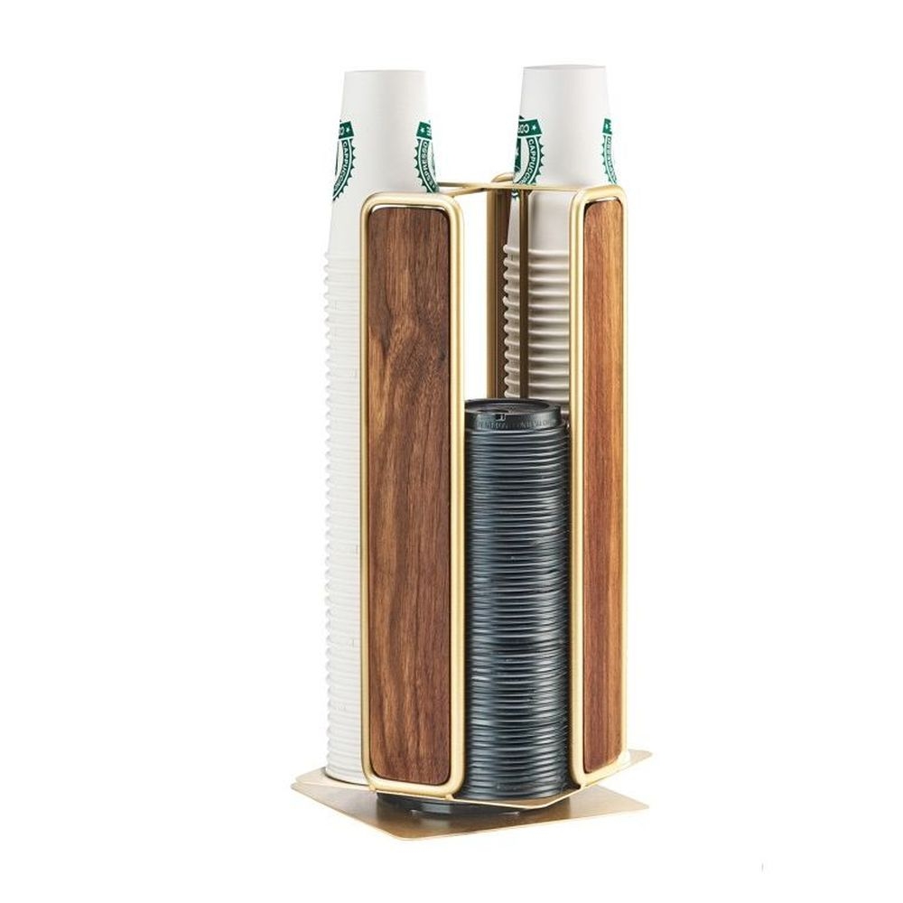 Cal-Mil Mid-Century Wood and Brass 4-Section Revolving Cup and Lid Organizer, 8.25 x 8.25 x 18 inch