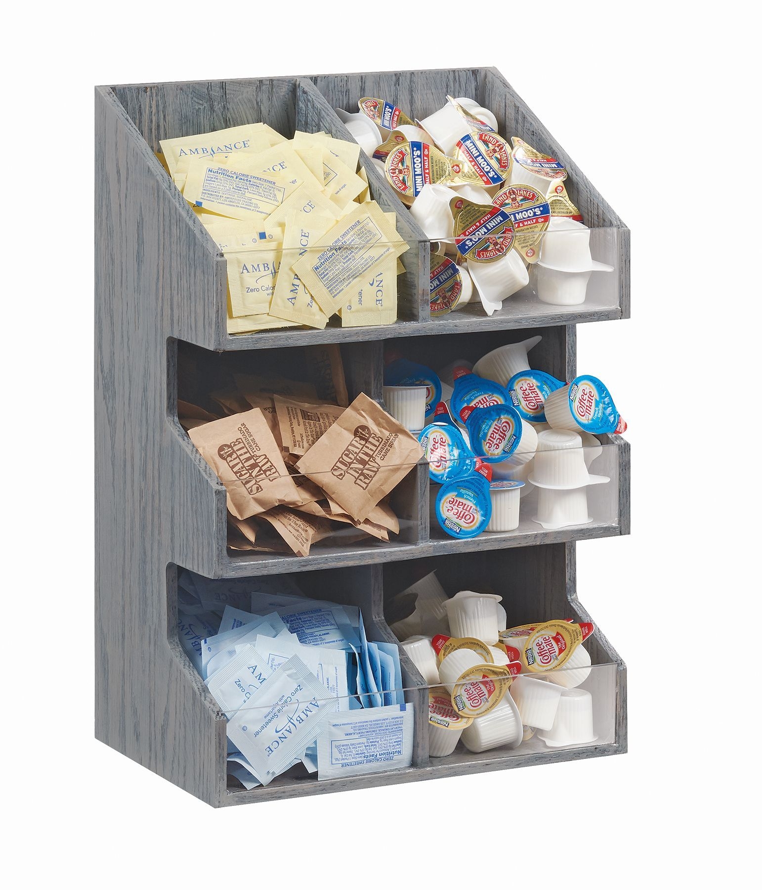 Cal Mil Ashwood 3 Tier 6 Bin Condiment Display with Clear Bin Face, 10.5 inch Width x 6.5 inch Depth x 15.5 inch Height