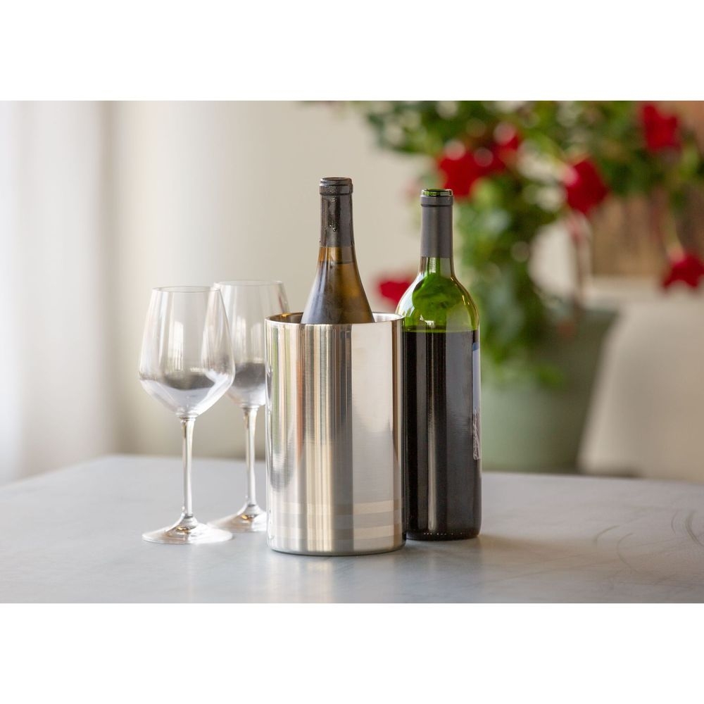 Service Ideas Stainless Steel Polished with Brushed Accents Finish Double Wall Insulated Wine Chiller, 4.75 inch Width x 7.75 inch Height