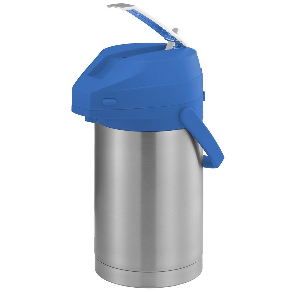 Service Ideas Color Me SVAC Brushed Stainless Finish Vacuum Insulated Airpot with Blue Lever Pump Lid, 2.5 Liter Capacity