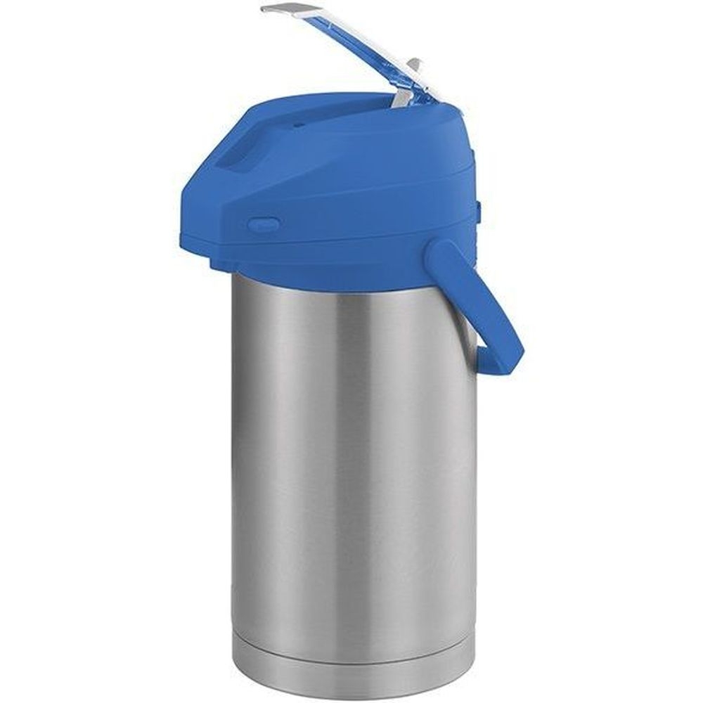 Service Ideas Color Me SVAC Brushed Stainless Finish Vacuum Insulated Airpot with Blue Lever Pump Lid, 3.7 Liter Capacity