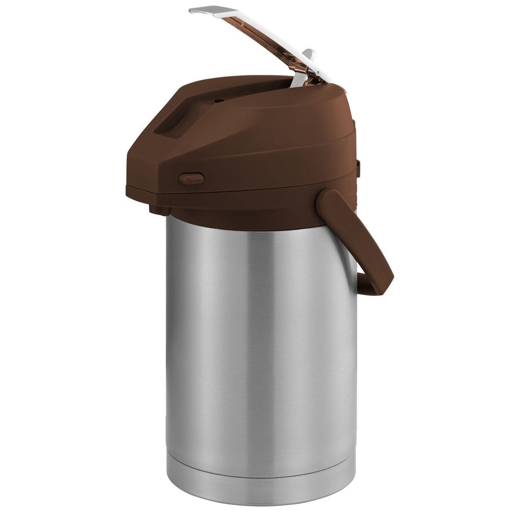 Service Ideas Color Me SVAC Brushed Stainless Finish Vacuum Insulated Airpot with Brown Lever Pump Lid, 2.5 Liter Capacity