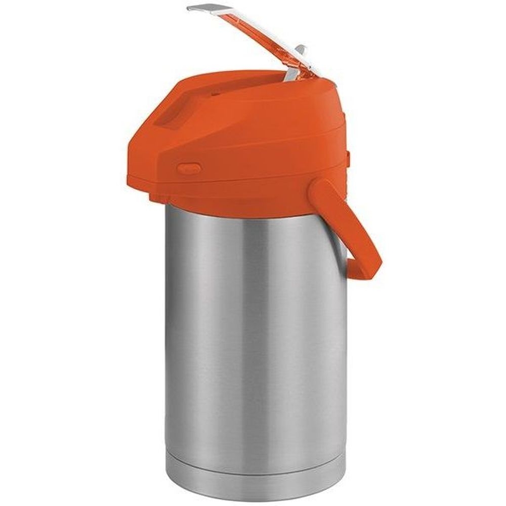 Service Ideas Color Me SVAC Brushed Stainless Finish Vacuum Insulated Airpot with Orange Lever Pump Lid, 3 Liter Capacity