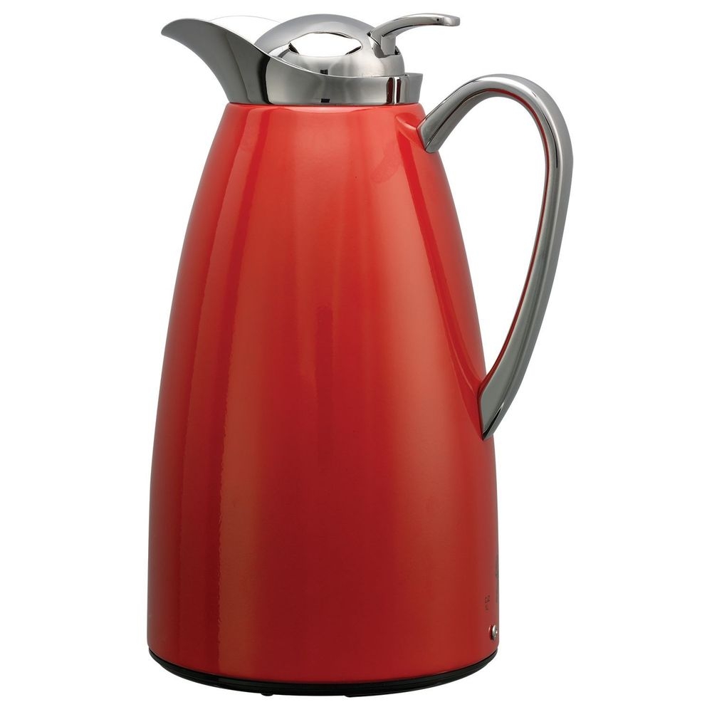 Service Ideas Classy Red Finish Glass Vacuum Insulated Carafe with Push Button, 1 Liter Capacity