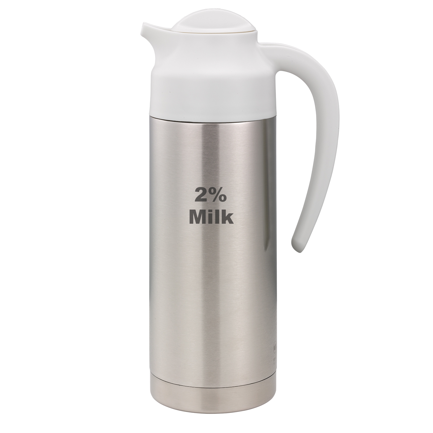 Service Ideas SteelVac Brushed Stainless and White 2 Percent Milk Vacuum Insulated Creamer Carafe with Steel Base, 1 Liter