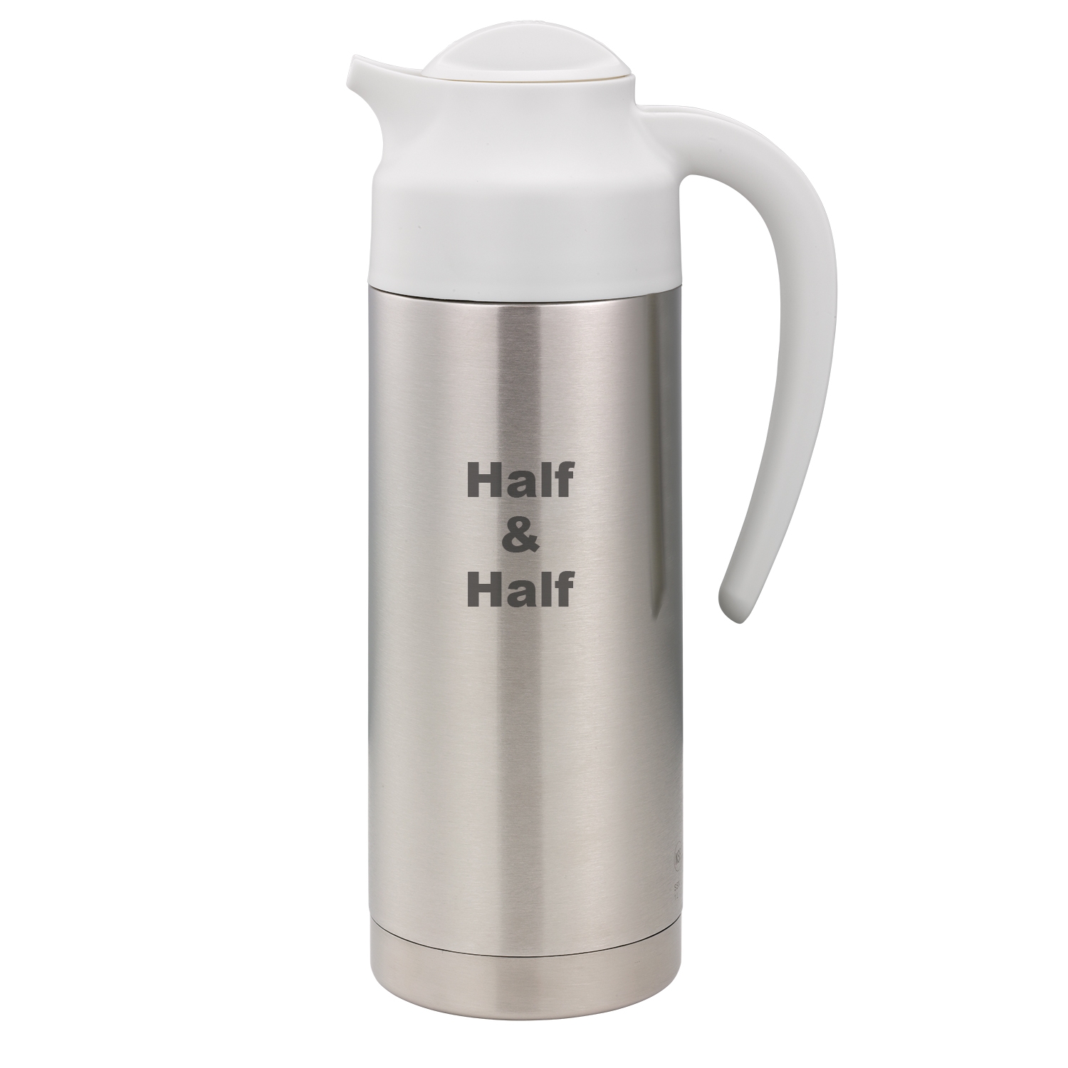 Service Ideas SteelVac Brushed Stainless and White Half and Half Vacuum Insulated Creamer Carafe with Steel Base, 1 Liter