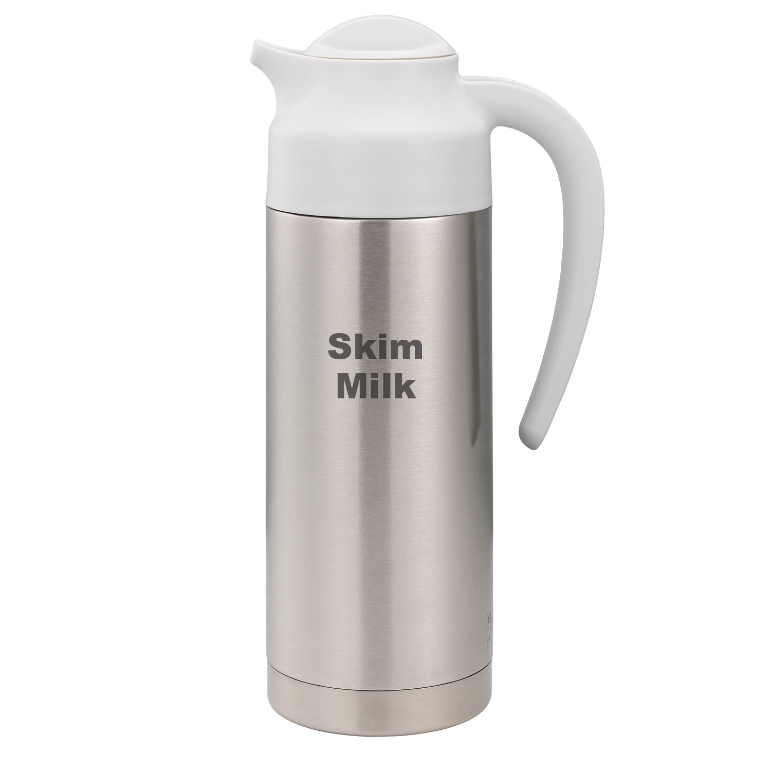 Service Ideas SteelVac Brushed Stainless and White Skim Milk Vacuum Insulated Creamer Carafe with Steel Base, 1 Liter