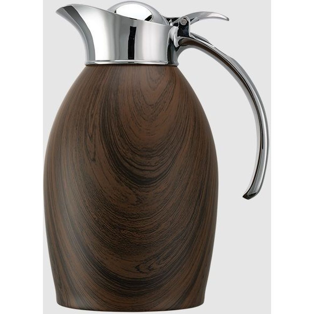 Service Ideas Nicollet Series 18/8 Stainless Steel Dark Wood Finish Vacuum Insulated Carafe with Flip Top, 1 Liter Capacity
