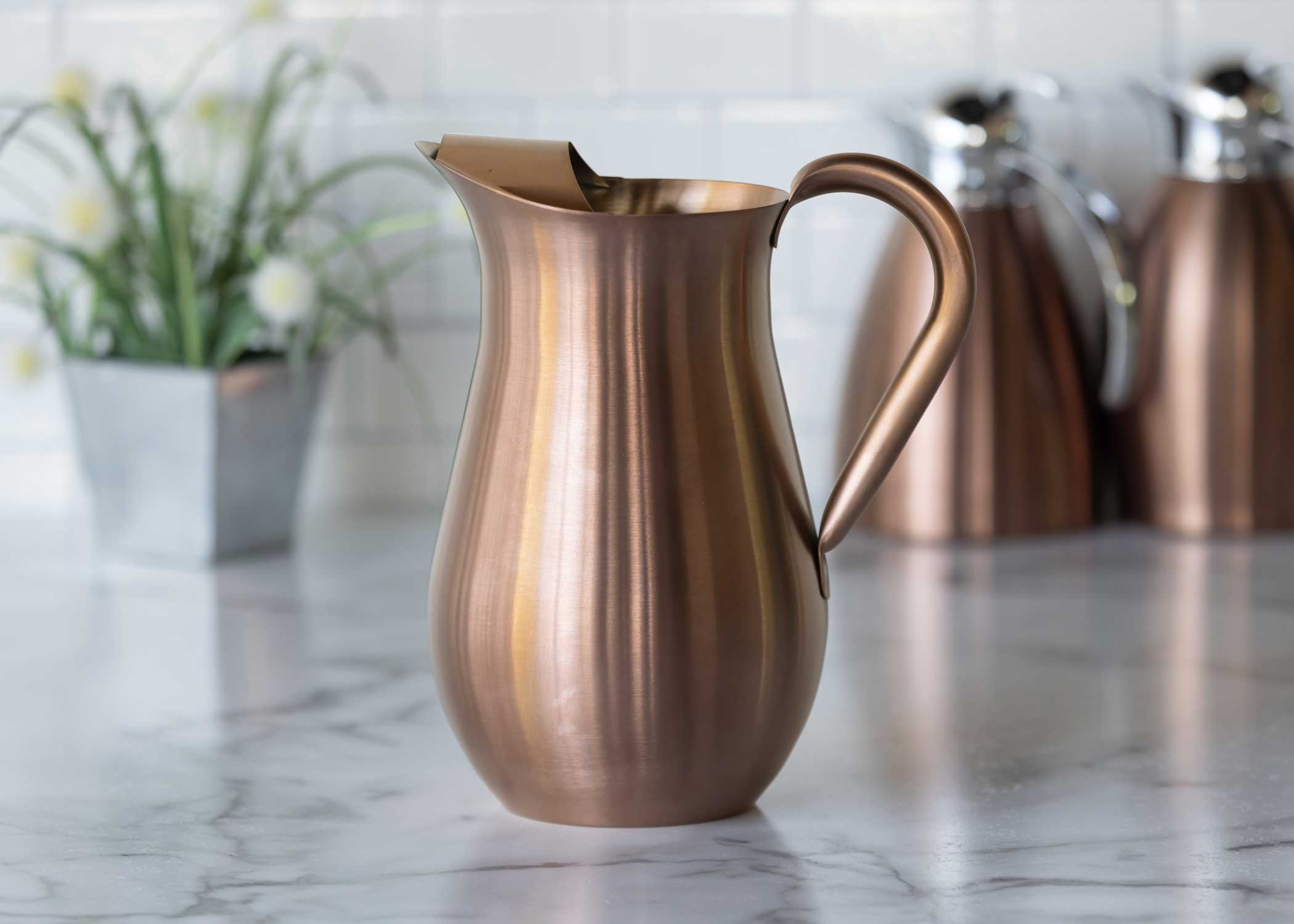 Service Ideas Rose Gold Stainless Steel Bell Pitcher with Ice Guard, 2 Liter Capacity