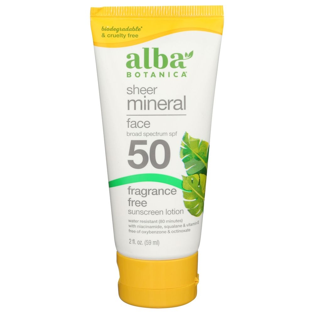 Alba Botanica Fragrance Free Face SPF 50 Sheer Mineral Sunscreen Lotion, 2 Fluid Ounce