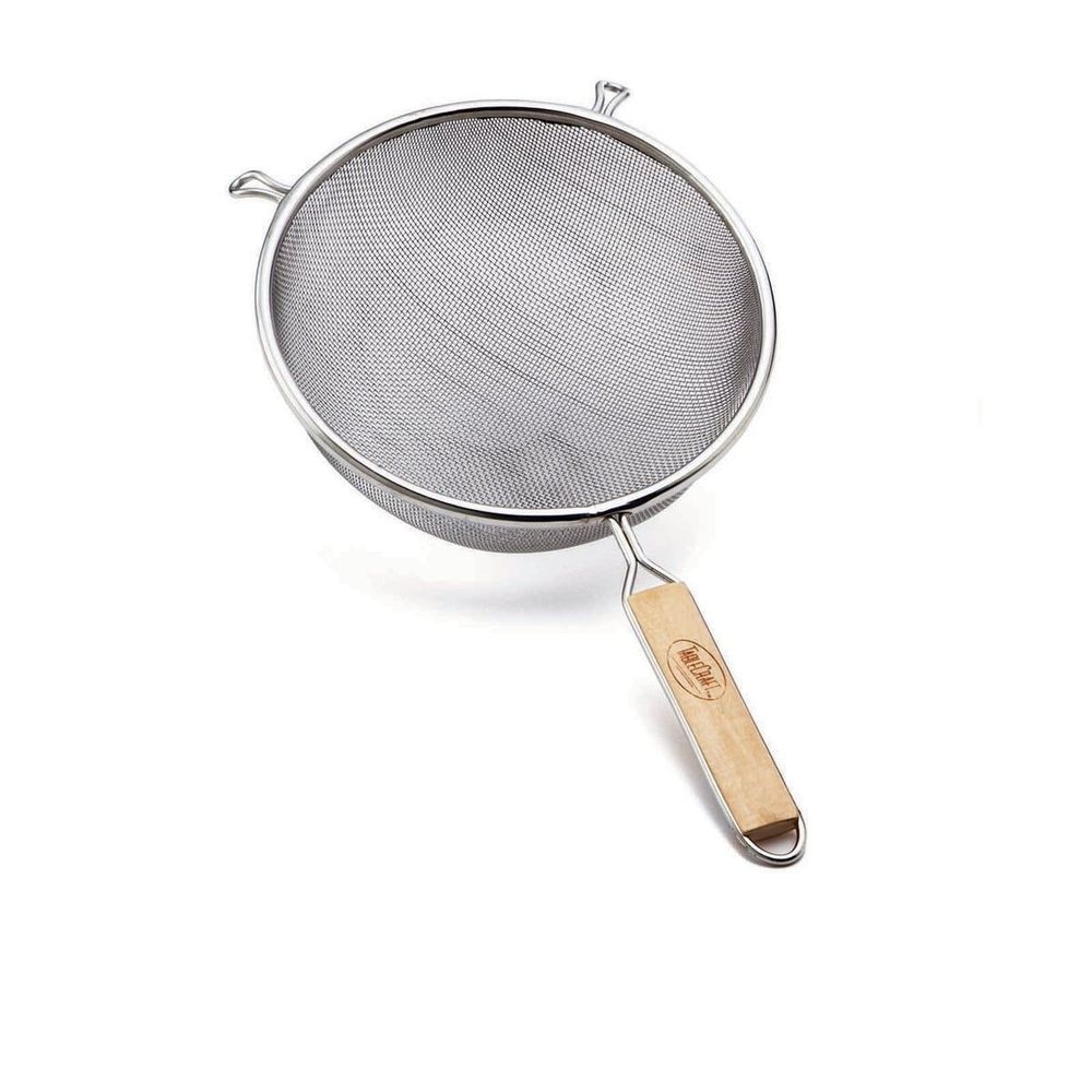 Tablecraft Tin Plated Single Fine Mesh Strainer with Wood Handle, 8 inch Dia.