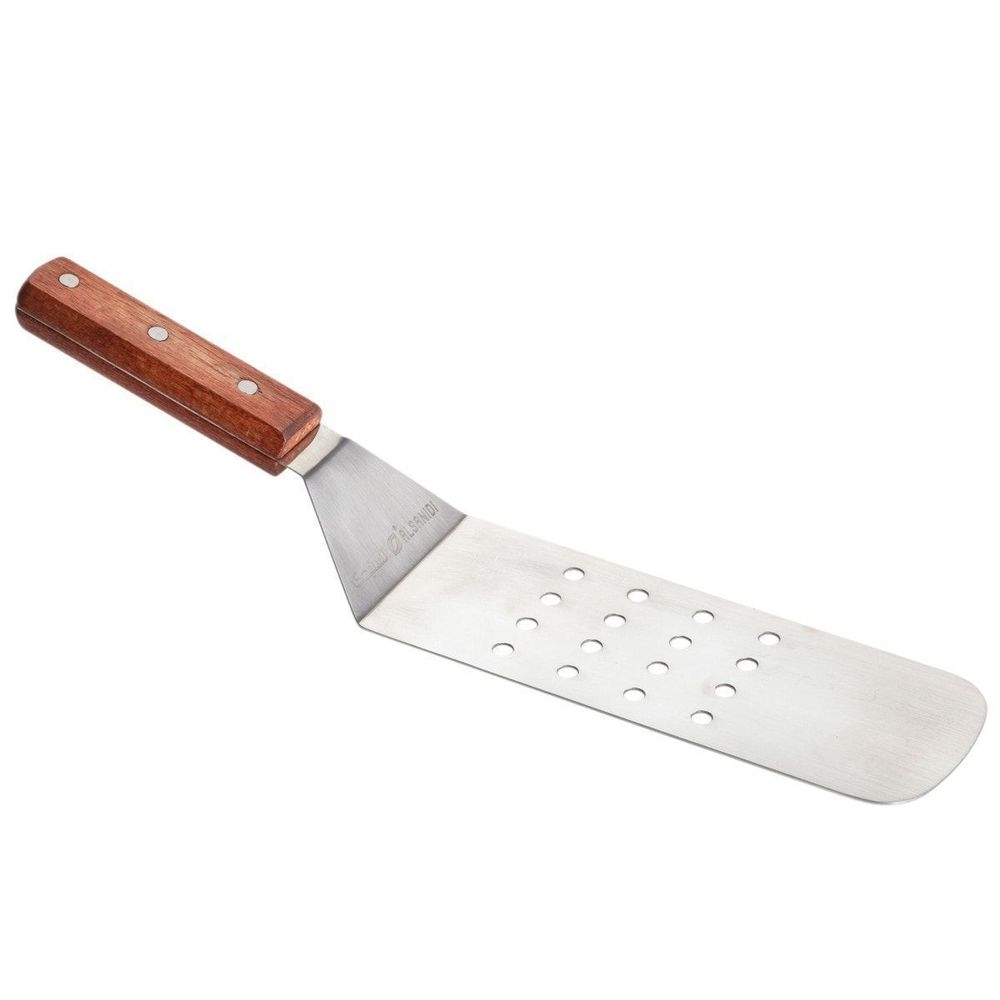 Tablecraft Stainless Steel Perforated Turner with Wood Handle, 14.5 inch -- 12 per case