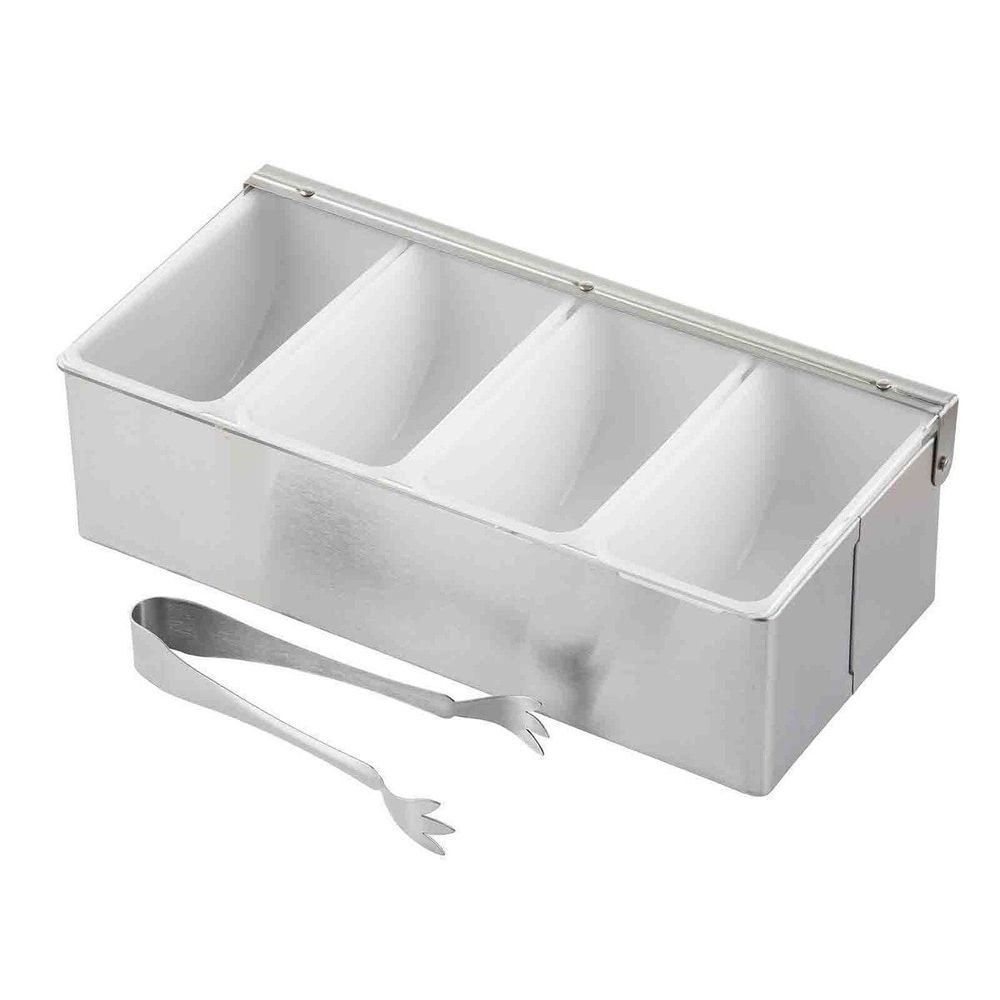 Tablecraft 4 Compartment Bar Condiment Holder with Tong, 12 x 6 x 3.5 inch -- 4 per case