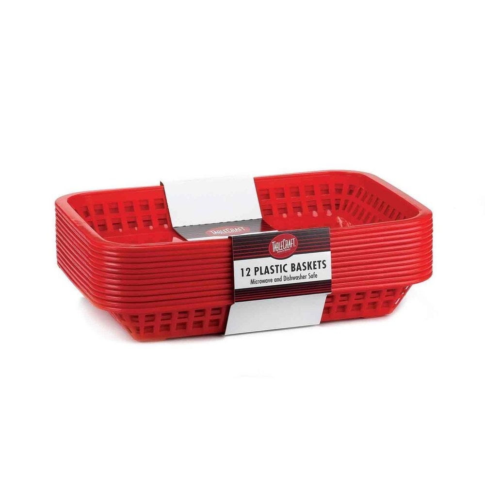 Tablecraft 10.75 inch Plastic Grande Rectangular Red Platter Basket, 12 count -- 3 per case