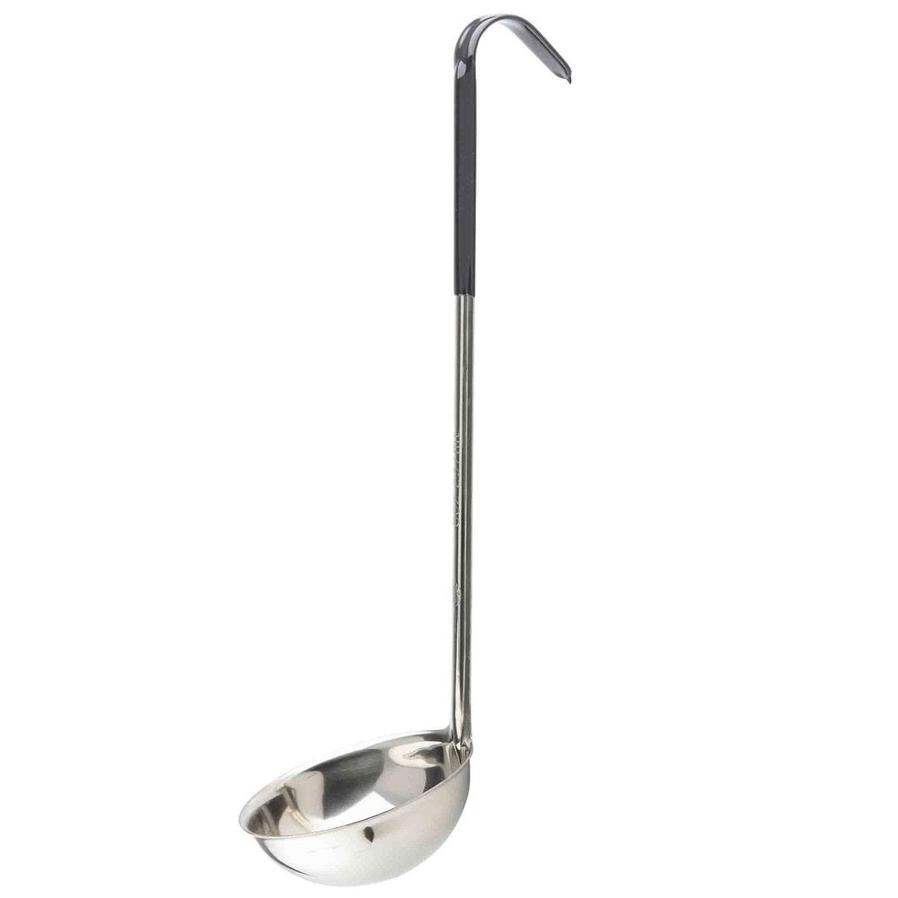 Tablecraft 8 Ounce Stainless Steel One Piece Ladle with Black Vinyl Handle, 14.75 inch Length