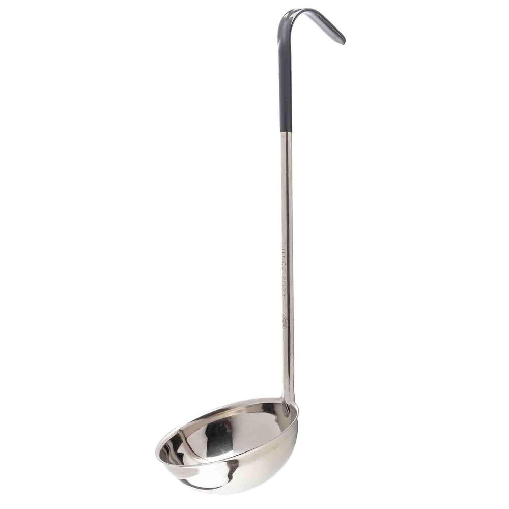 Tablecraft 12 Ounce Stainless Steel One Piece Ladle with Black Vinyl Handle, 15.5 inch Length