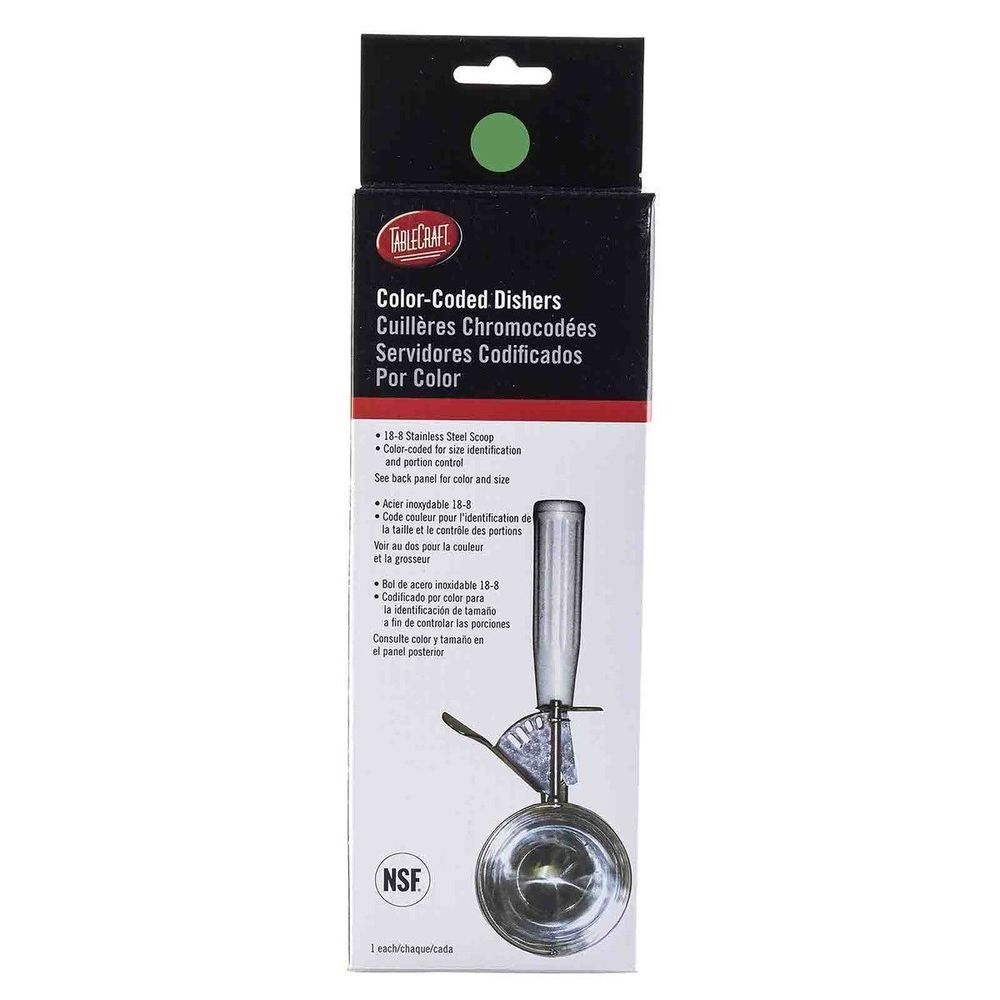 Tablecraft 18/8 Stainless Steel Green Size 12 Thumb Press Ice Cream Food Disher with Polyethylene Handle, 3 Ounce Capacity