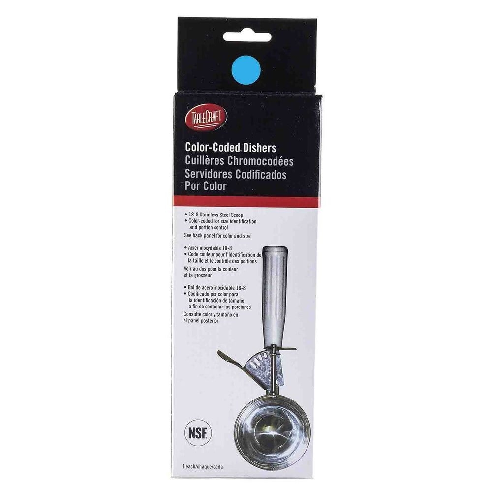 Tablecraft 18/8 Stainless Steel Blue Size 16 Thumb Press Ice Cream Food Disher with Polyethylene Handle, 2 3/8 Ounce Capacity